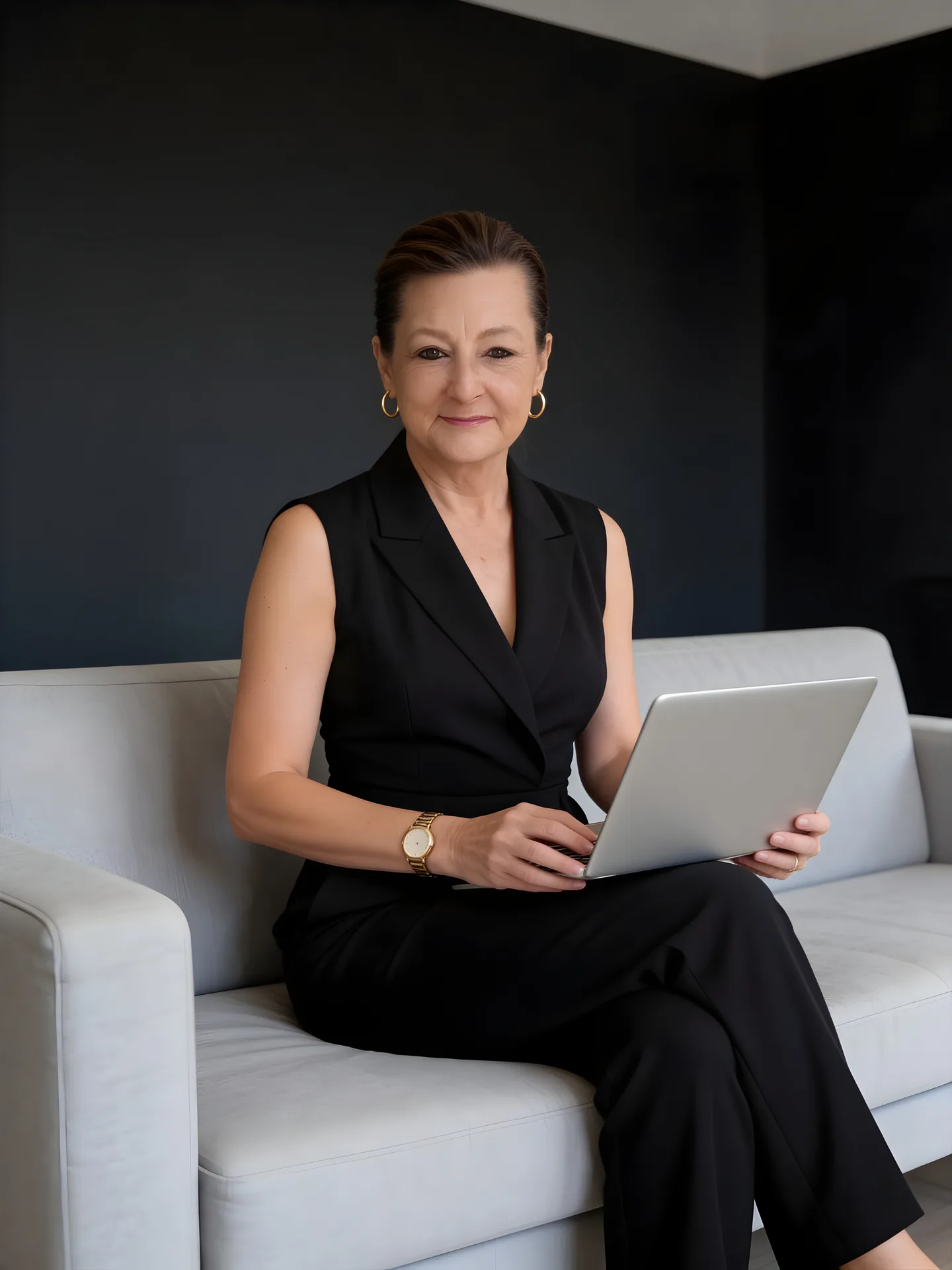 Kim Donahue in a black sleeveless suit, seated with laptop