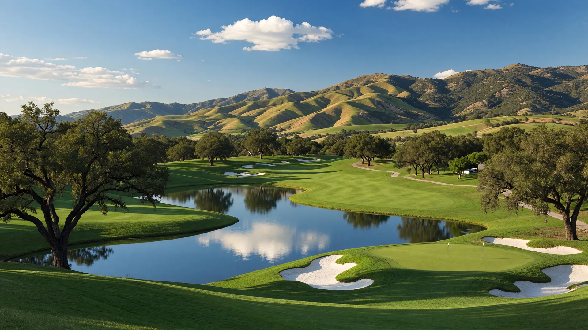 Bear Creek Golf Club in Murrieta California with sweeping green fairways, water hazards, and hillside views