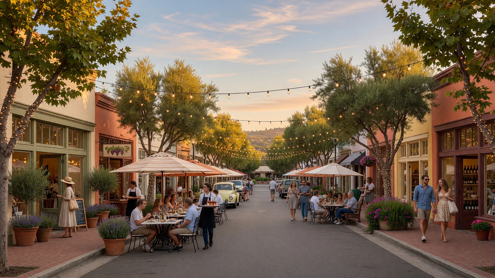 Charming Southern California community with tree-lined streets and warm golden light