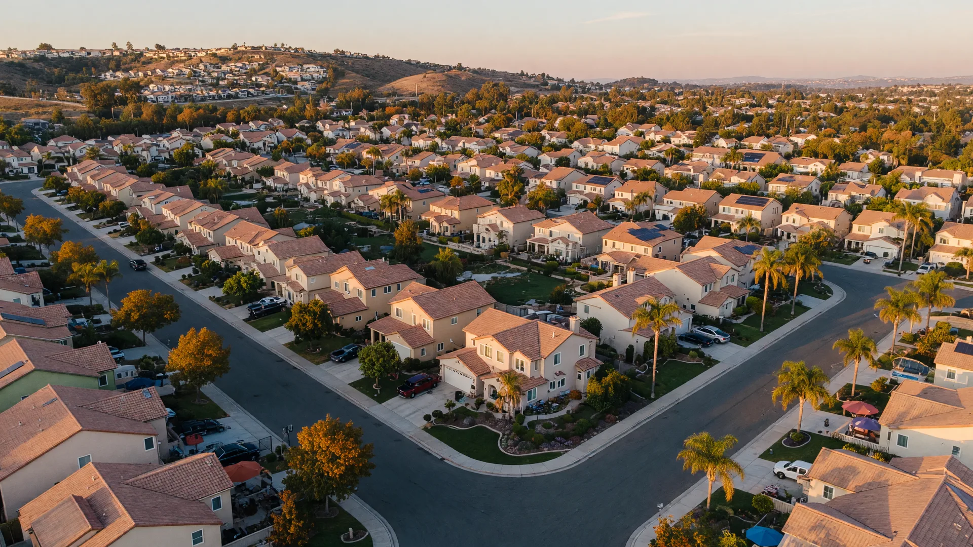 Aerial view of Murrieta neighborhood at golden hour