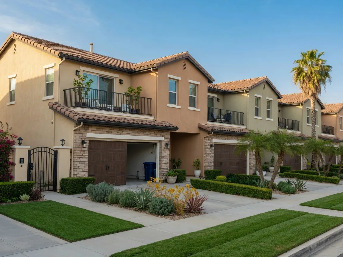 Modern attached townhomes in a Southern California gated community with tile roofs, stone accents, and manicured landscaping