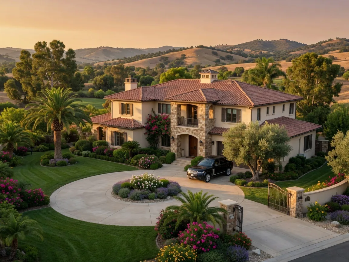 Luxury custom home with tile roof, stone exterior, manicured landscaping and panoramic hillside views in Bear Creek Murrieta