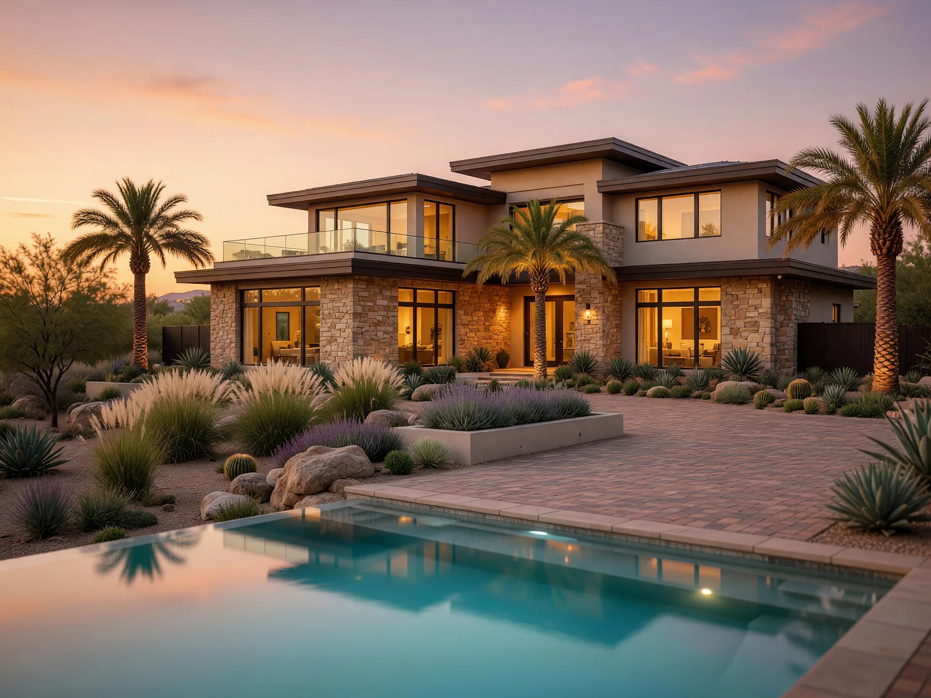 Luxury modern home exterior with pool at golden hour — backdrop for Laura Holbert and Cheryl Shadden