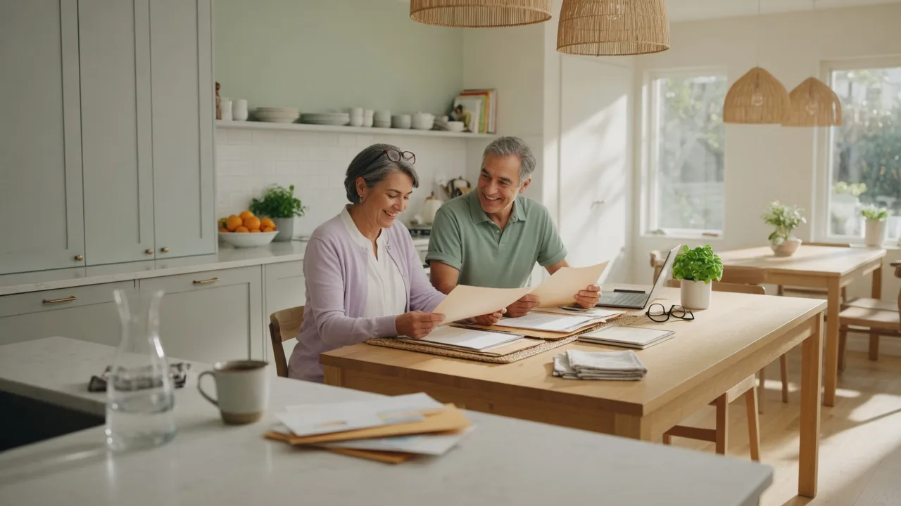 Couple reviewing real estate paperwork at kitchen table