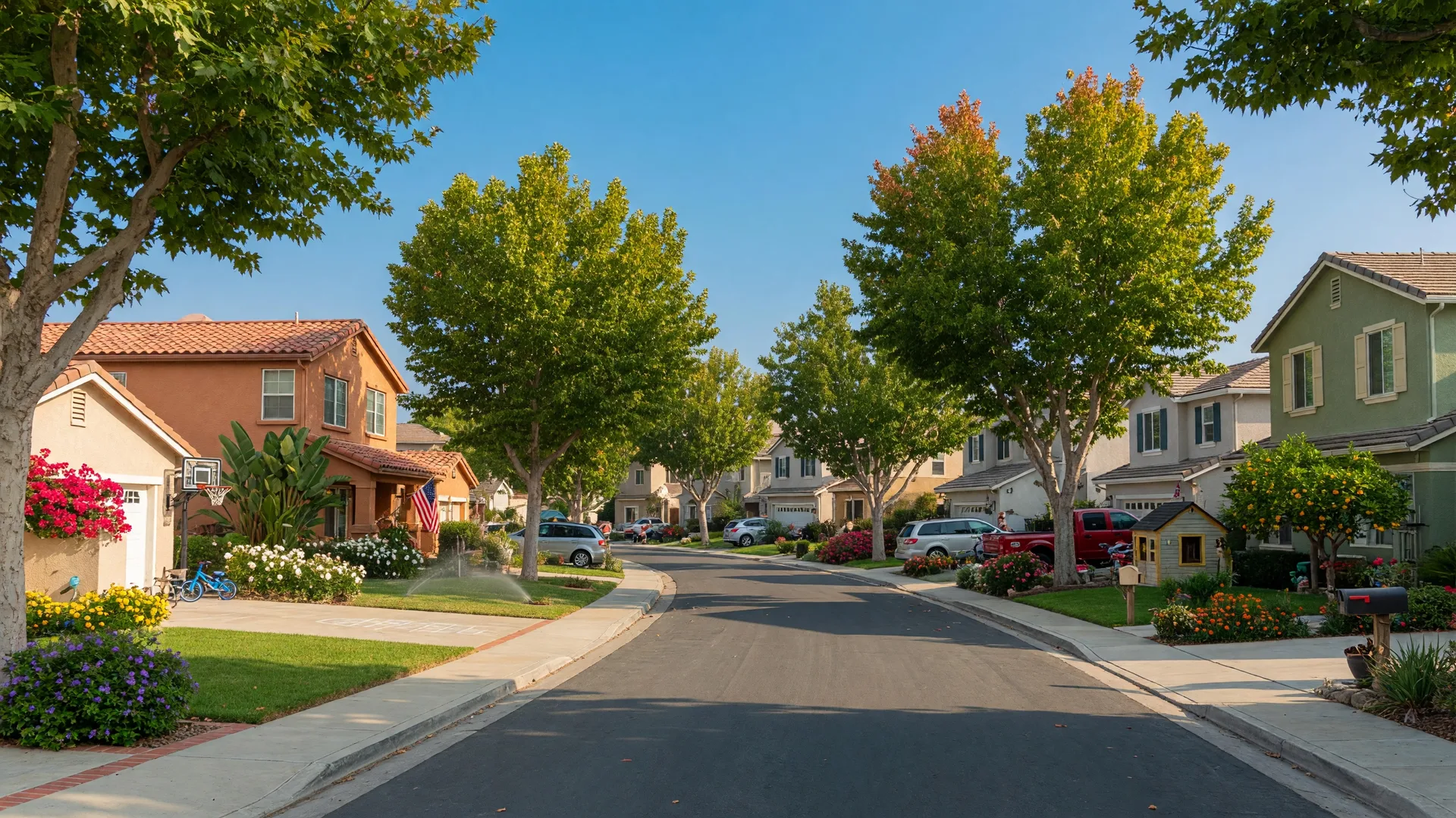 A tree-lined residential street with residential homes in The Colony neighborhood of Murrieta California