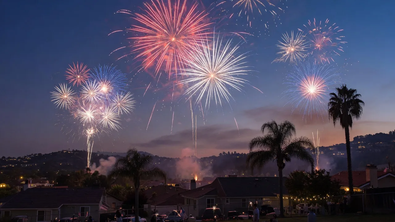 Colorful fireworks lighting up the night sky over a Southern California neighborhood