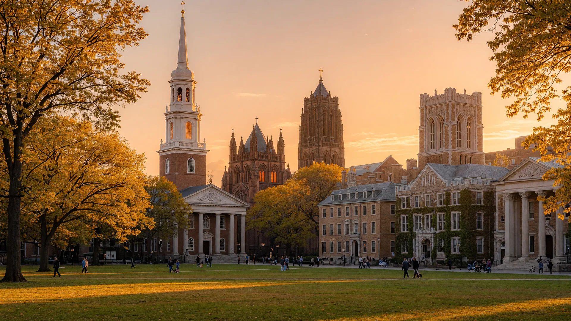 A warm restaurant scene in New Haven at golden hour