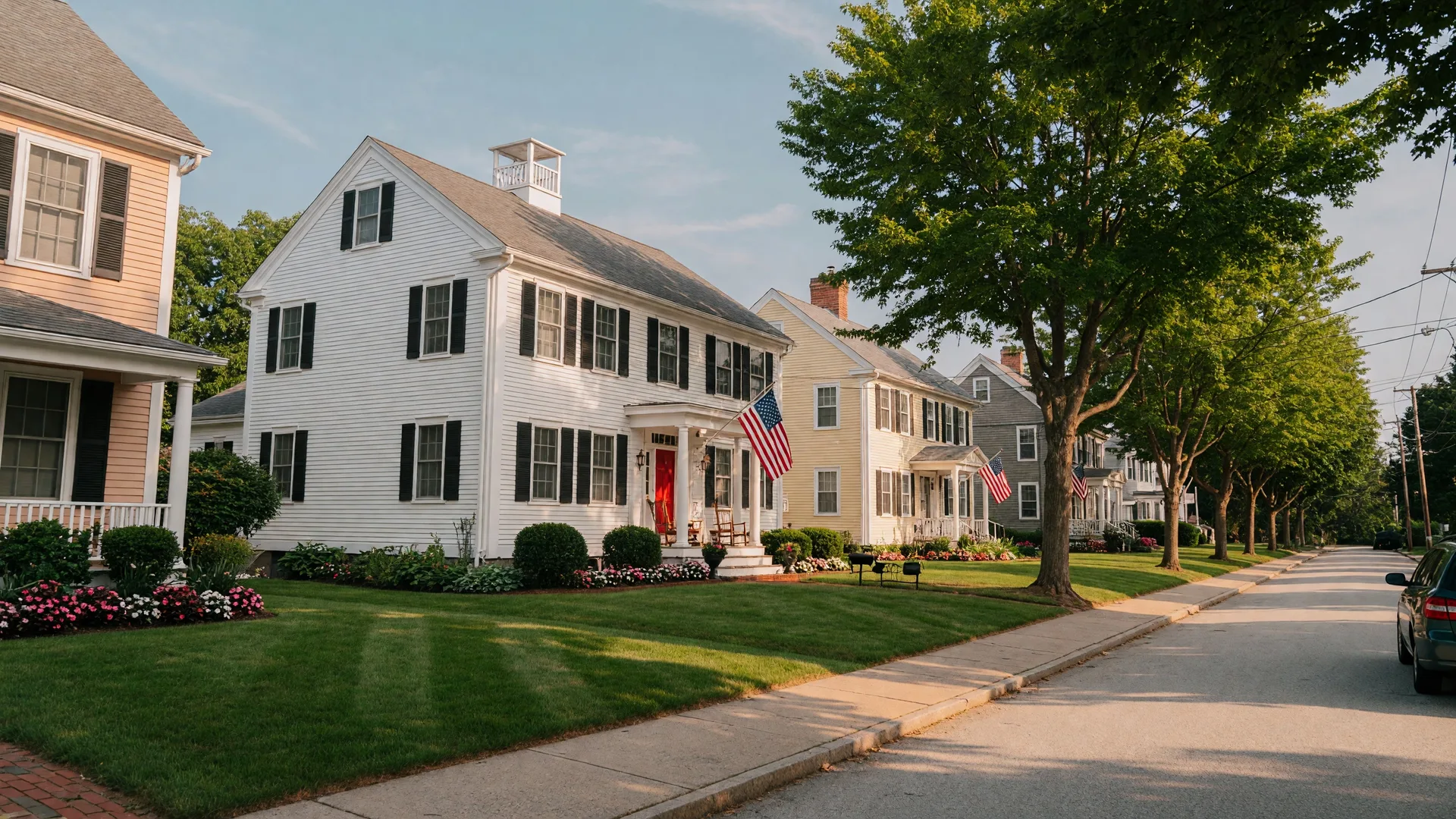Beautiful Connecticut neighborhood with classic New England homes on a sunny summer afternoon