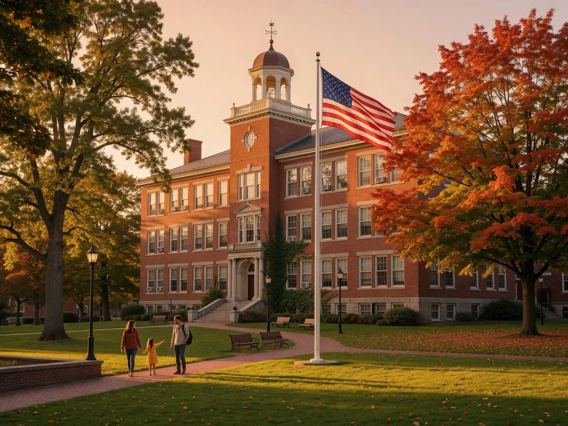 A beautiful school campus building with autumn trees