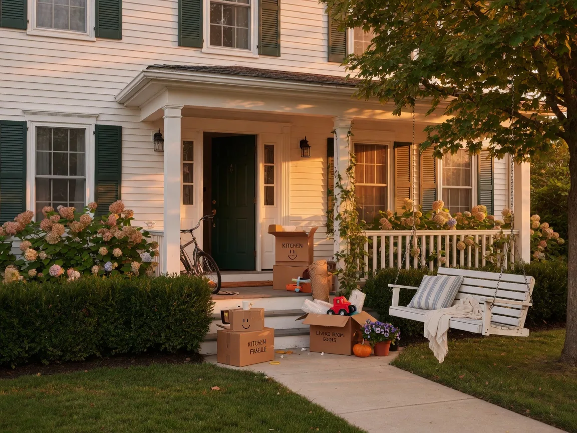 A welcoming New England home with moving boxes on the doorstep