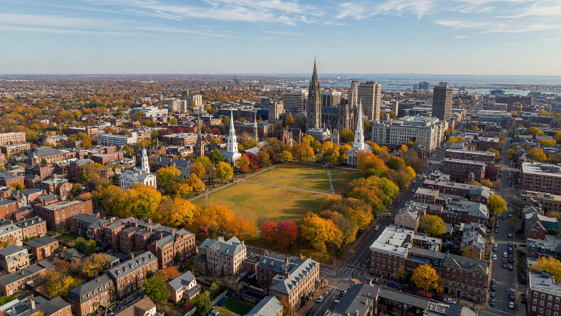 Aerial view of New Haven, Connecticut showing the Green, church steeples, and Yale campus on a beautiful afternoon