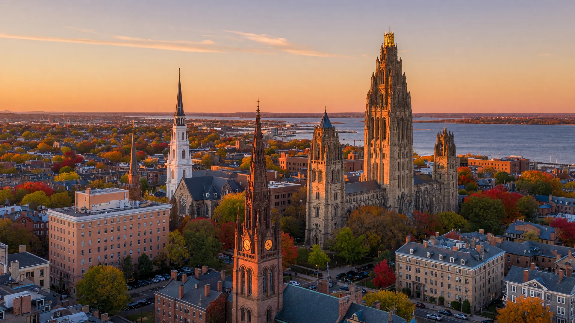 Aerial view of New Haven Connecticut skyline with church steeples and Yale University towers