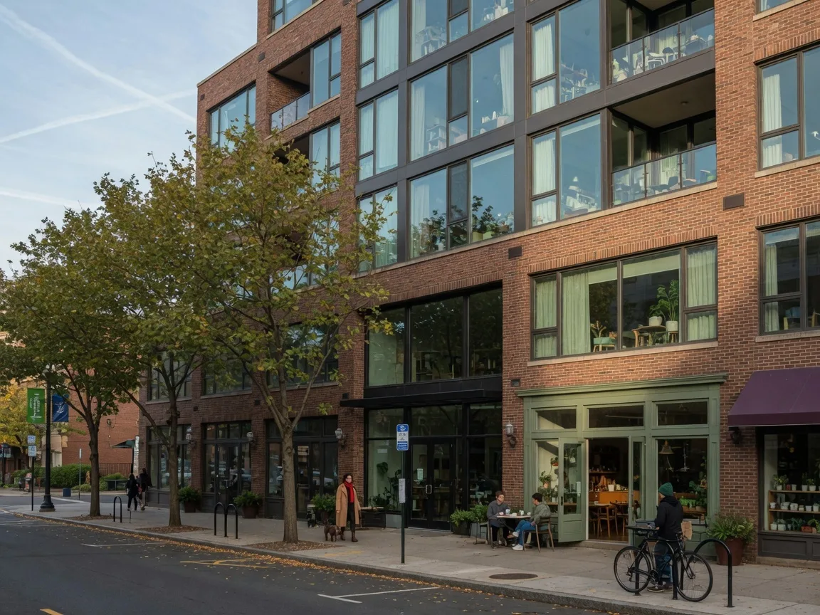 Modern condo building with street-level shops in downtown New Haven, Connecticut