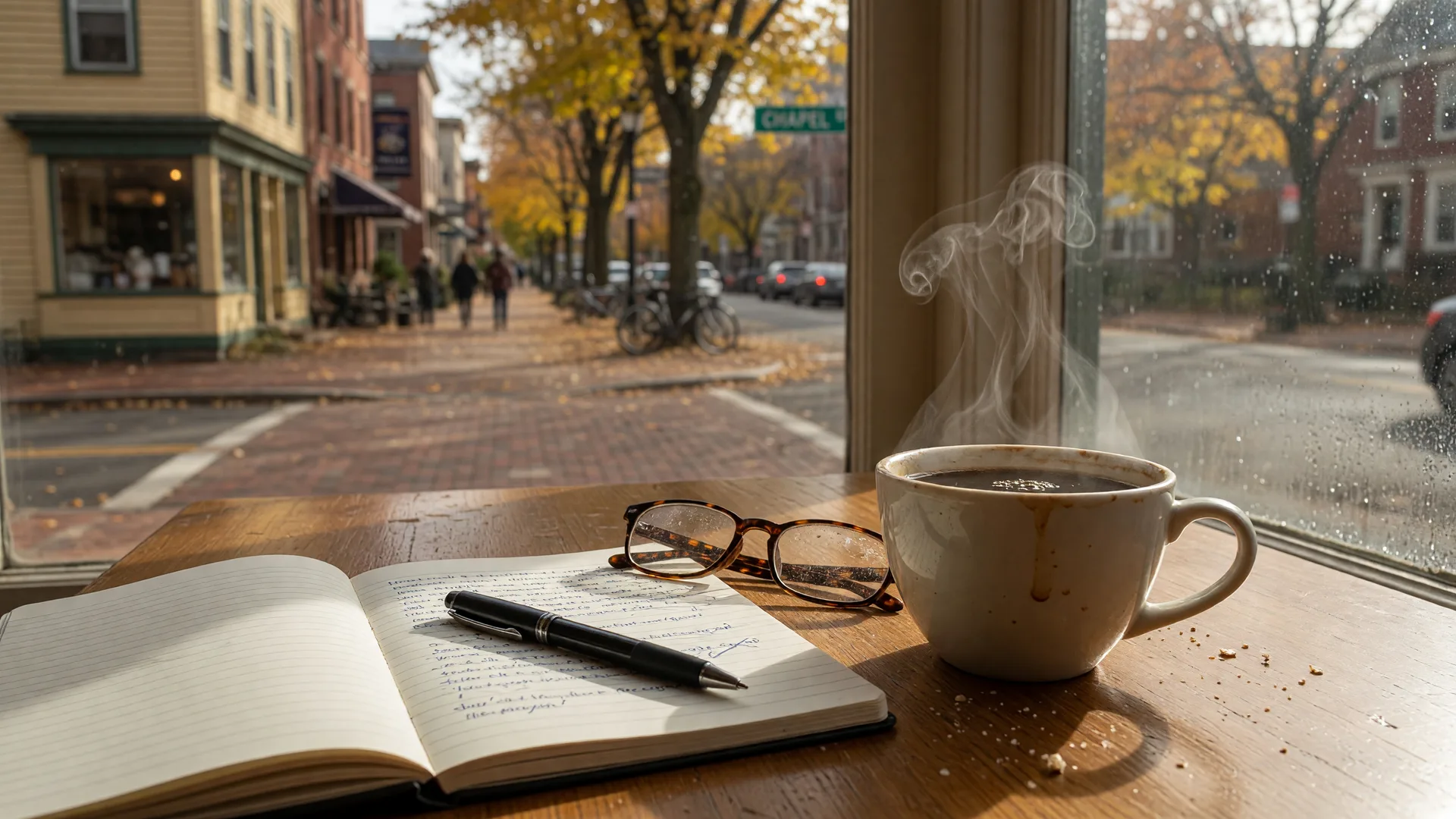 A warm writing desk with coffee and notebook — the setting for local insights and New Haven stories