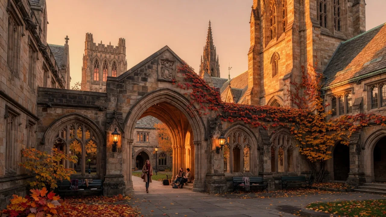 Yale University's Gothic architecture in warm golden light