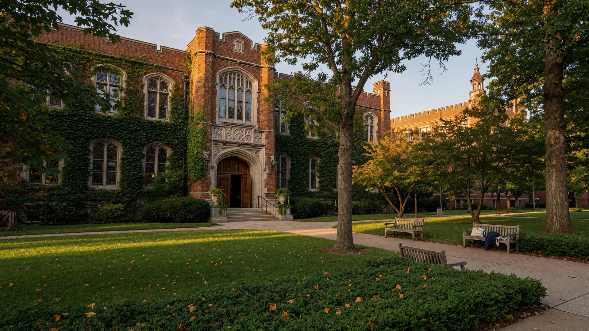 Historic red-brick Hopkins School campus building with ivy-covered walls and manicured lawn in New Haven, Connecticut