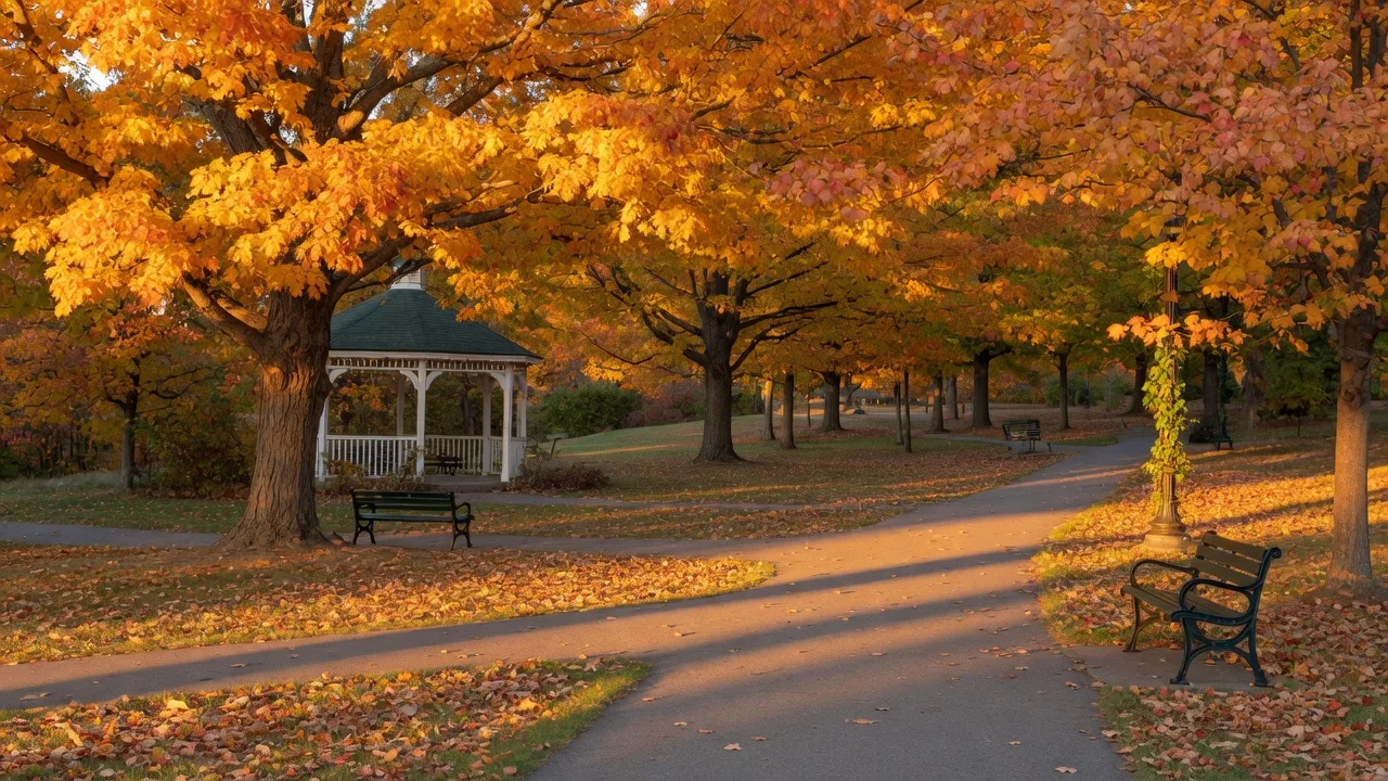 A charming tree-lined street in a New Haven neighborhood with autumn foliage