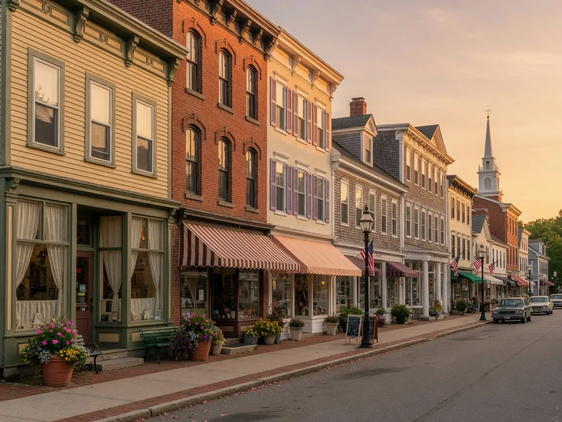 A charming New England downtown main street with boutique shops and local businesses