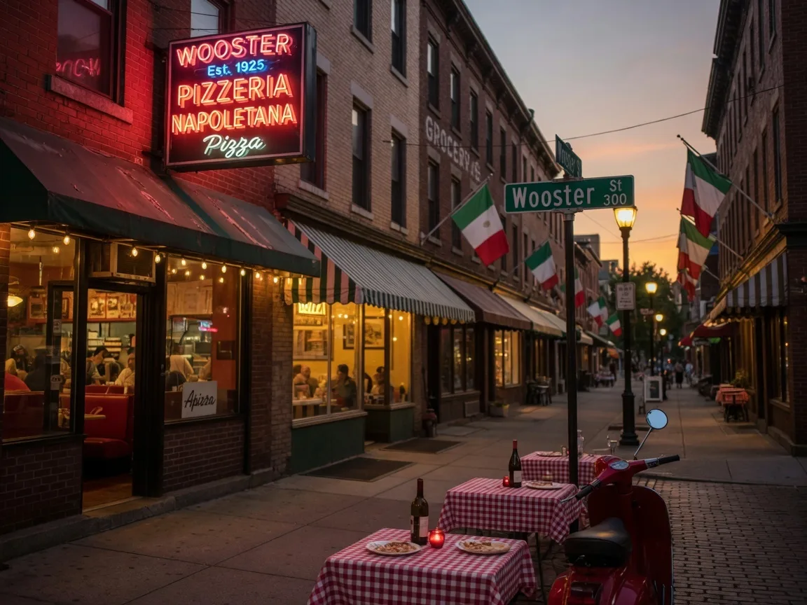 Wooster Street in New Haven, Connecticut with the historic brick storefronts of Frank Pepe Pizzeria Napoletana and neighborhood restaurants, evening ambiance
