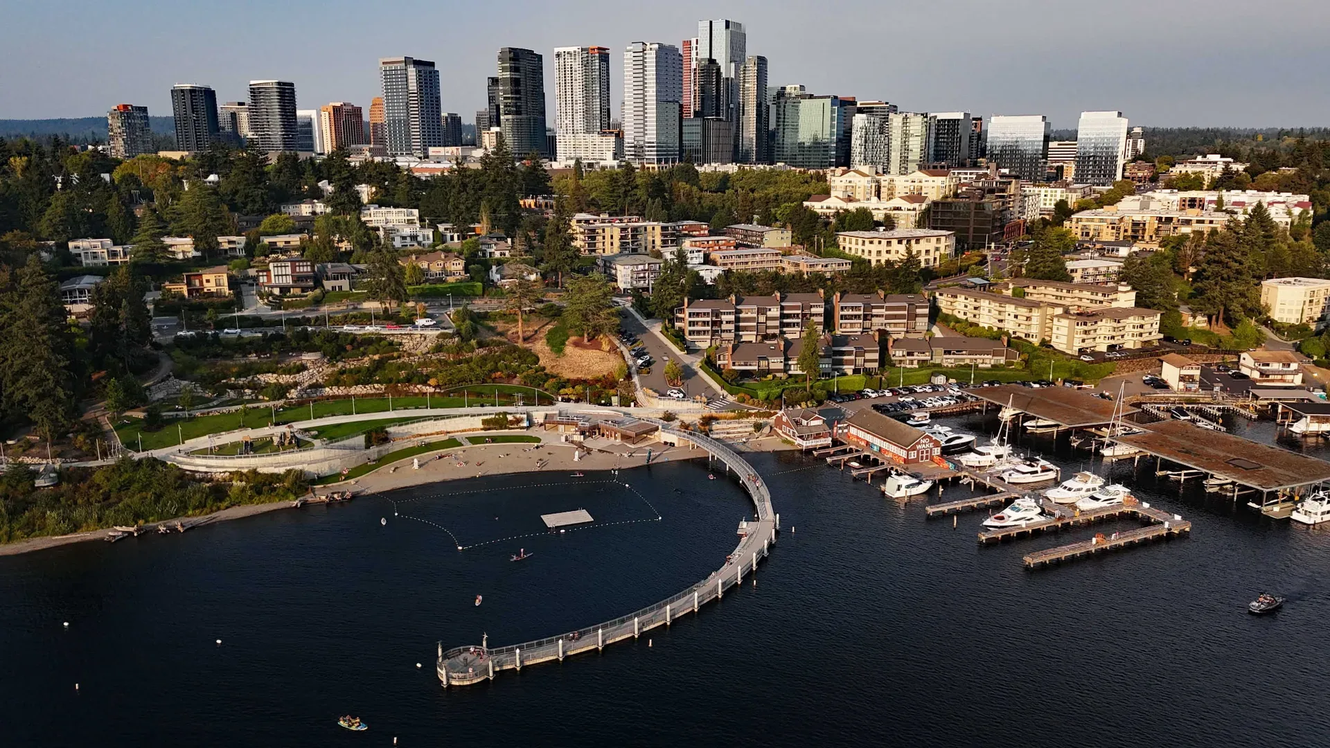 Aerial view of Bellevue, Washington skyline and Meydenbauer Bay Park waterfront