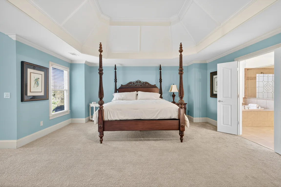 Master bedroom head-on view with tray ceiling and bay windows