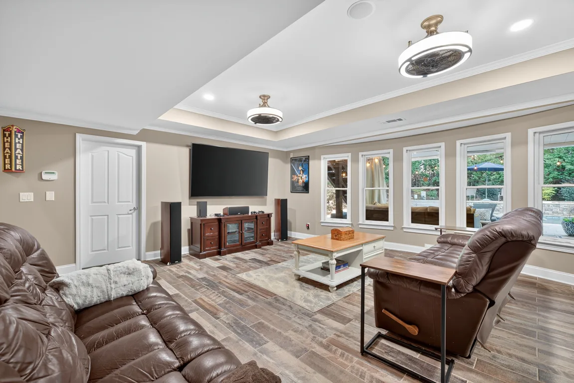 Media room or theater-style living area with leather recliners