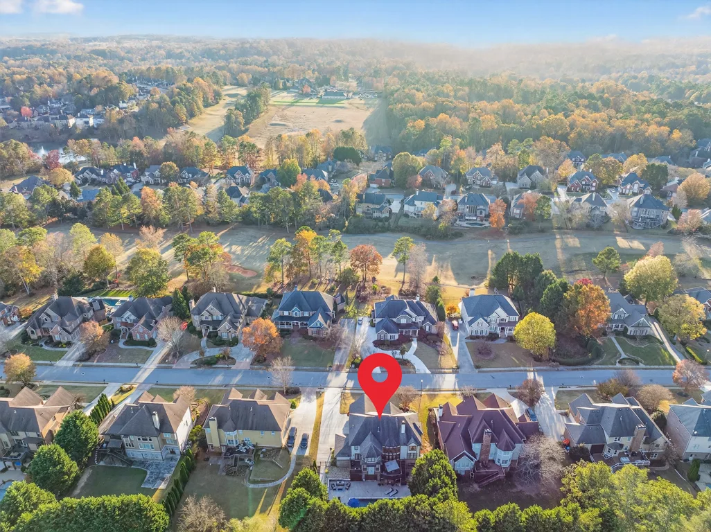 High-altitude drone shot of the Apalachee Farms neighborhood