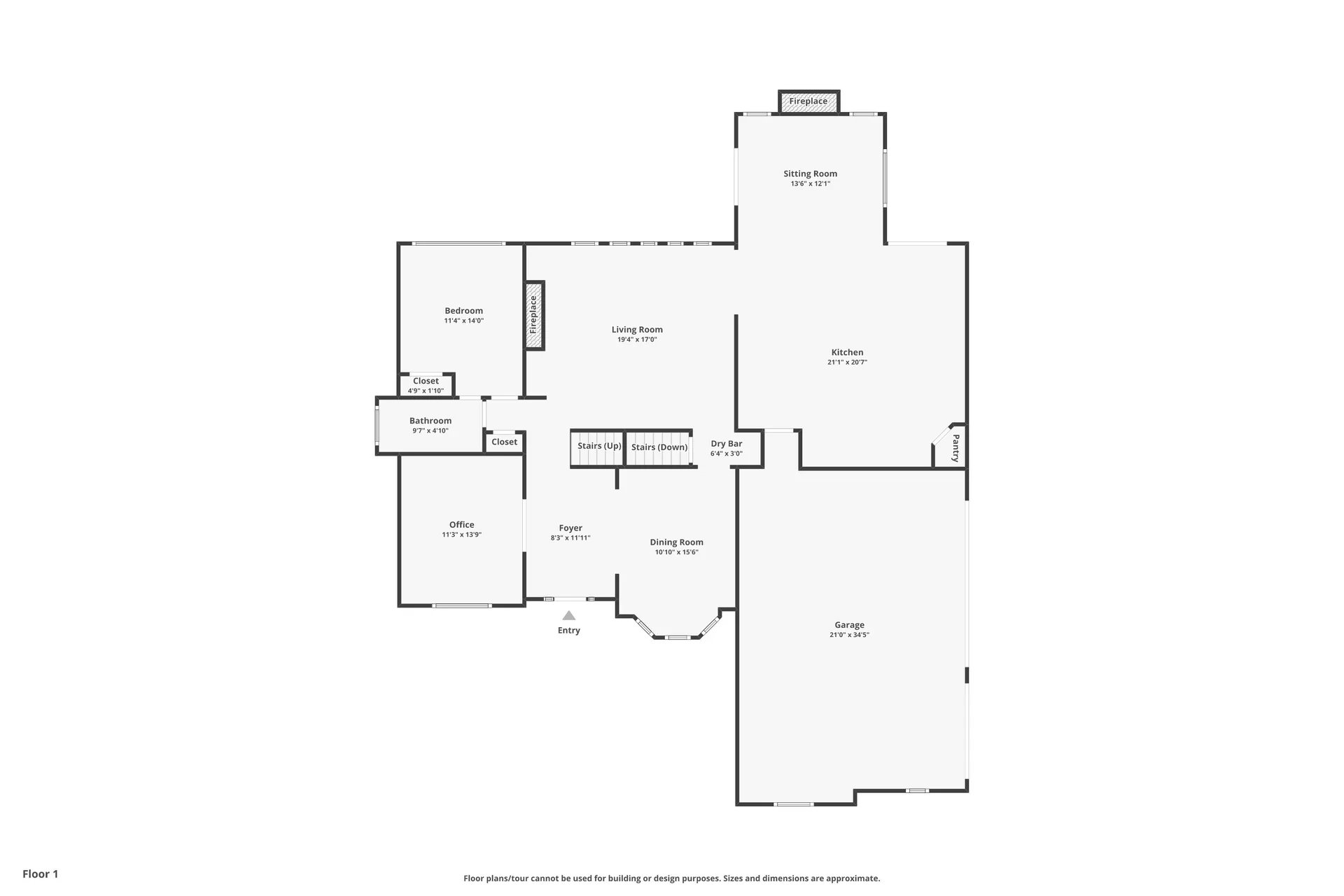 First floor plan showing foyer, office, living, dining, kitchen, bedroom, and garage