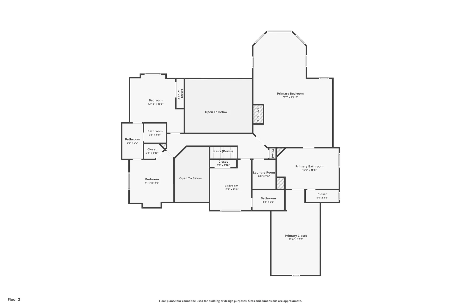 Second floor plan showing primary bedroom suite, additional bedrooms, and laundry