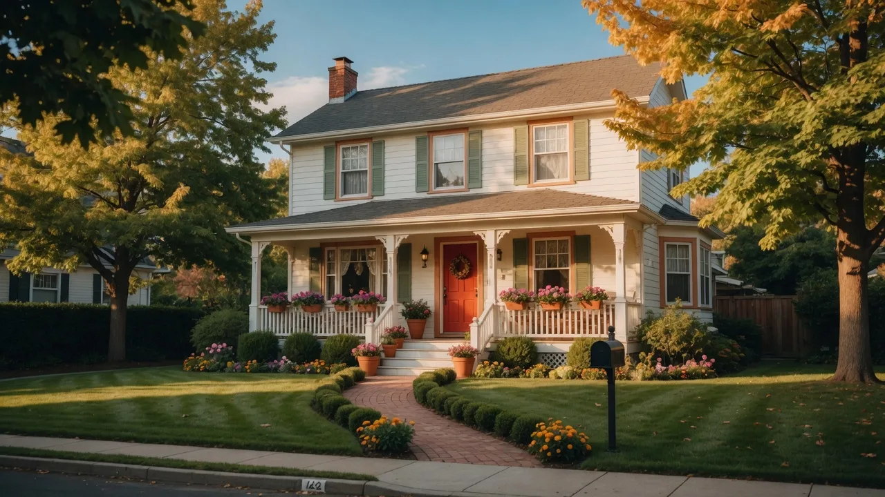 A charming suburban home with a welcoming front porch at golden hour