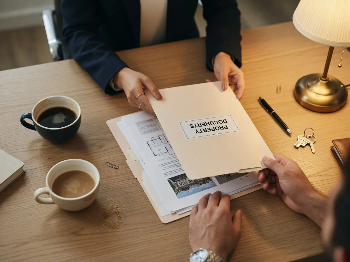Real estate consultation meeting with documents and keys