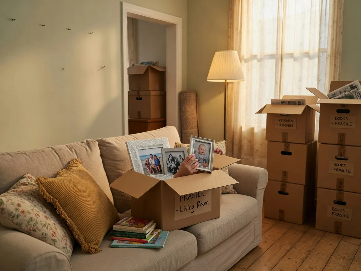 Organized moving boxes next to a sunlit window in a cozy home