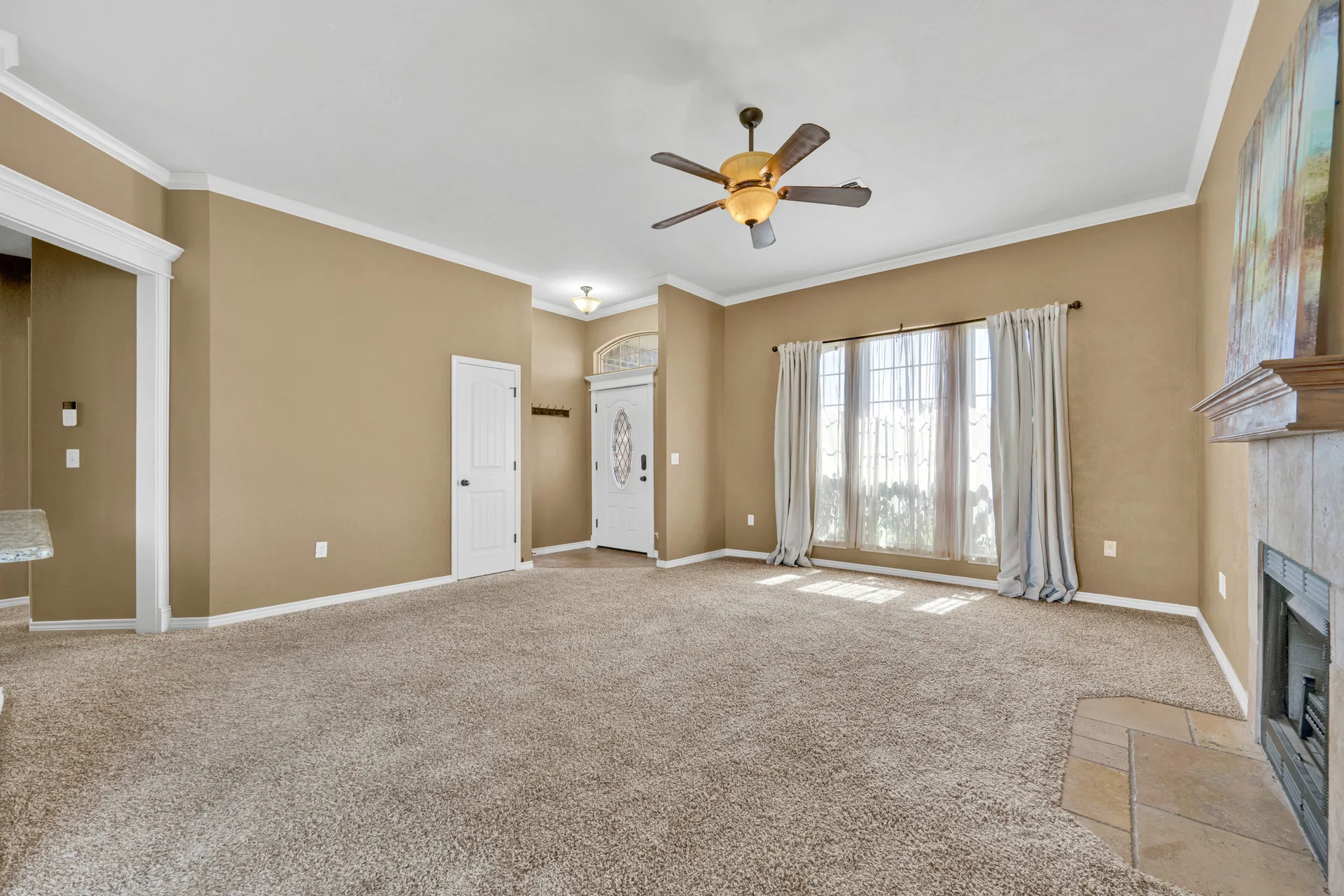 Living room with wood-burning fireplace