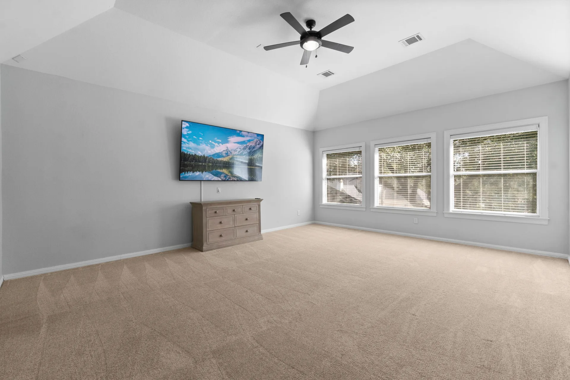 Living room with light grey walls, beige carpet, and three large windows with blinds