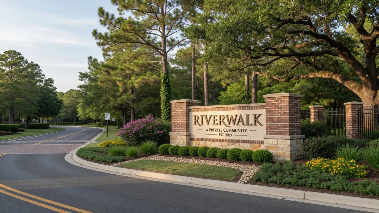 Riverwalk community entrance sign surrounded by mature trees and landscaping in Porter TX