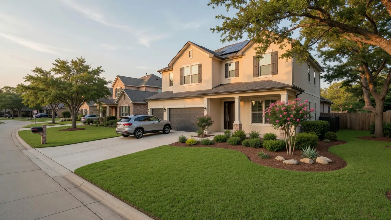 Modern suburban home exterior with fresh landscaping in a Texas neighborhood