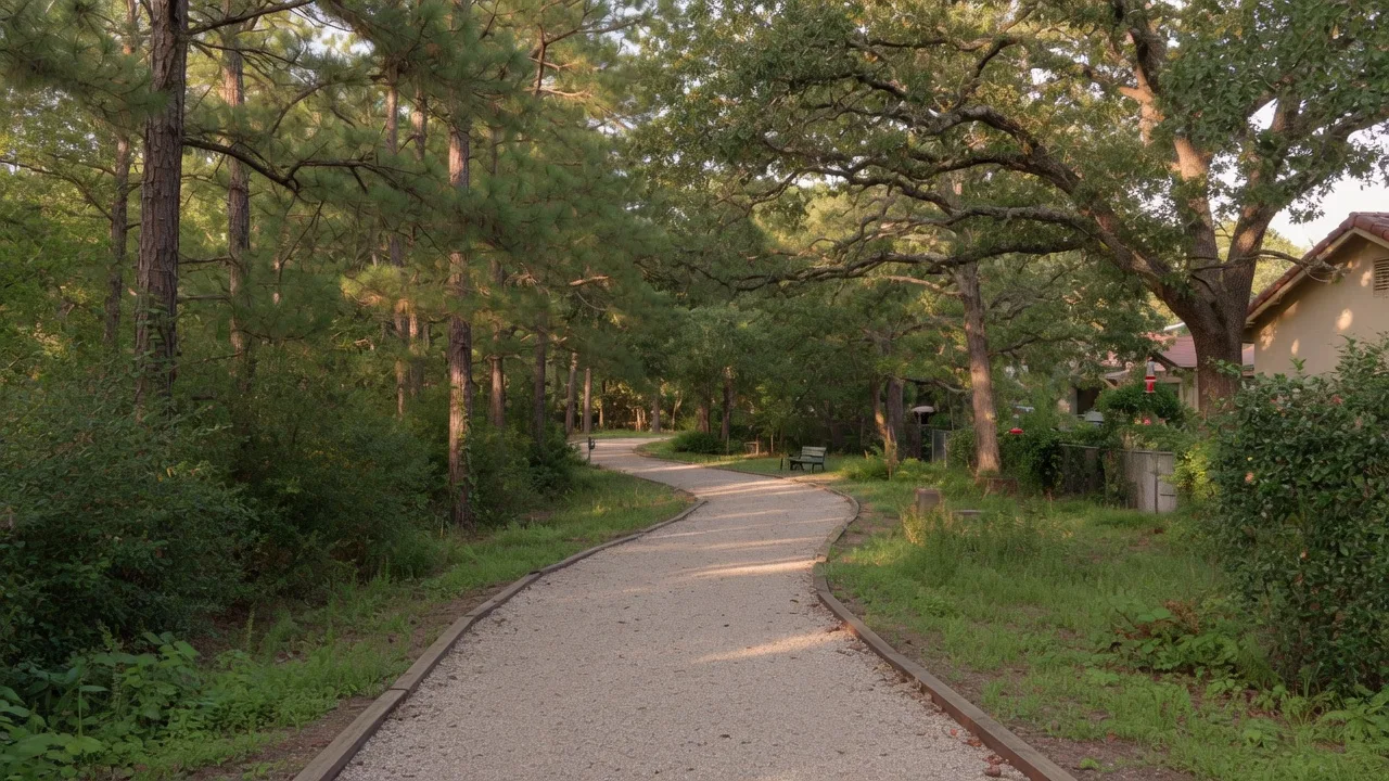 Walking trail winding through a pine and oak forest in the Riverwalk community