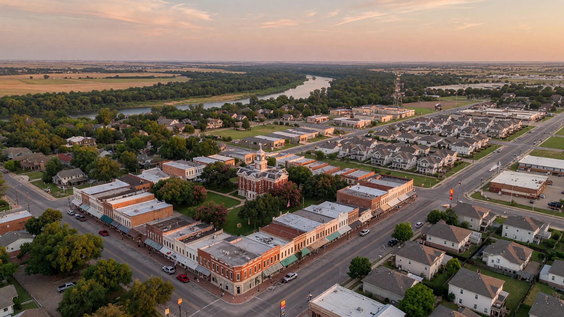 Aerial view of Sherman, Texas showing the downtown square and surrounding landscape