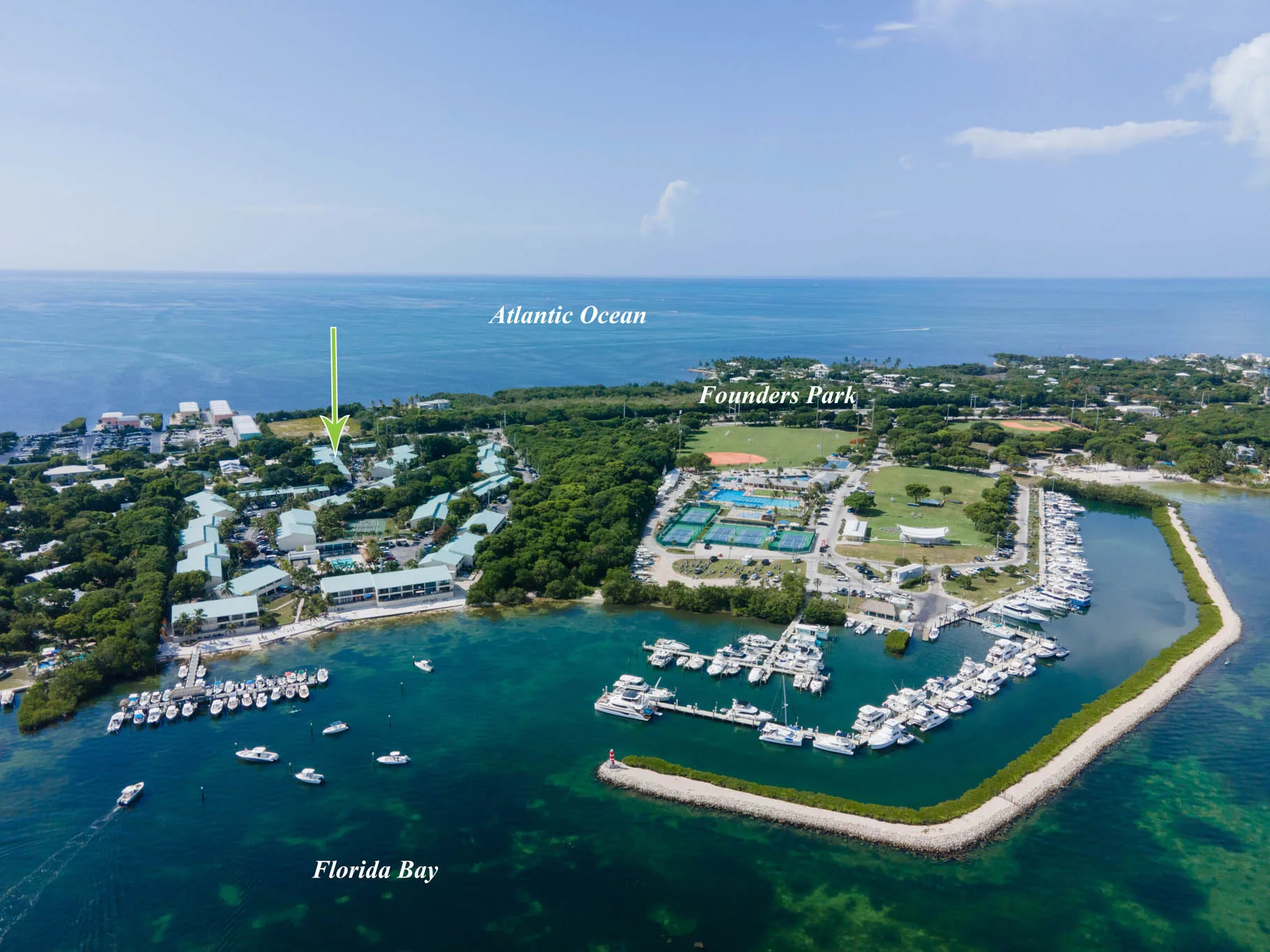 High altitude view of Florida Bay community and marina