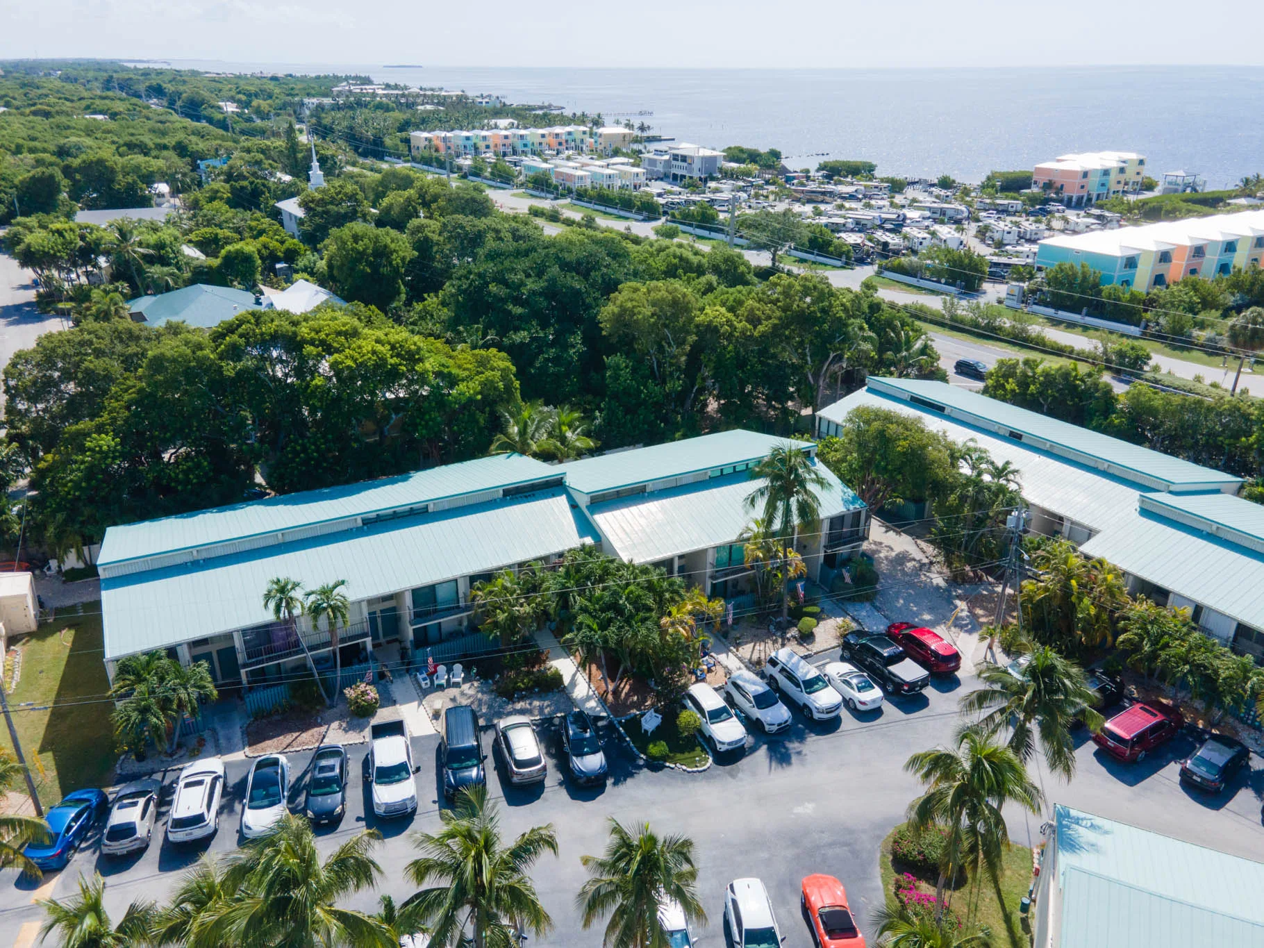 Aerial view of townhouse community with palm trees