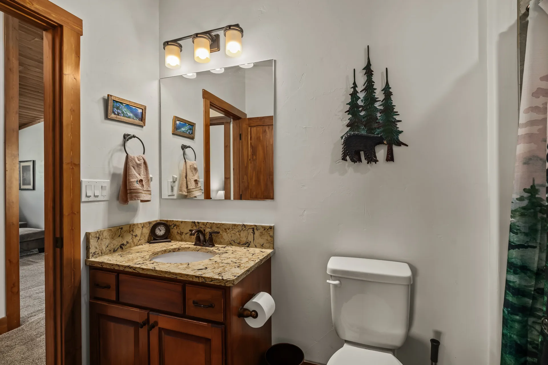 Mountain style bathroom with quartz countertop and wood vanity