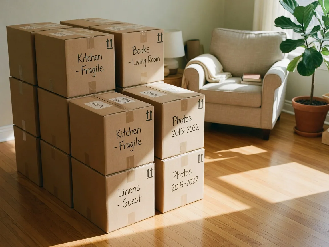 Moving boxes in a bright living room — downsizing without panic