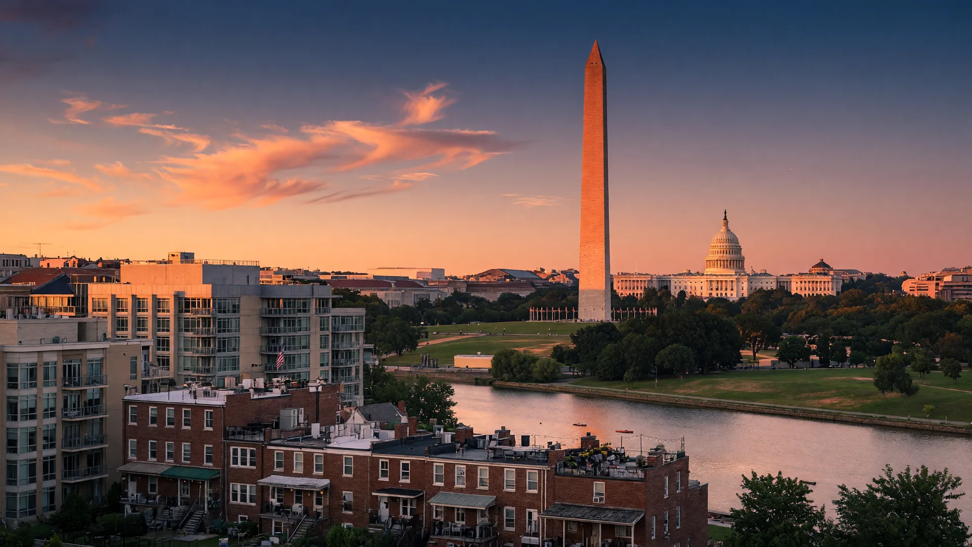 Washington, DC cityscape showing modern buildings and residential areas at sunset
