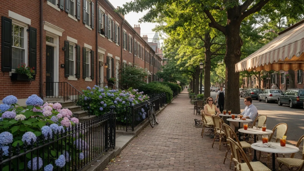 Tree-lined street with historic brick row houses and blooming hydrangeas in a Washington DC neighborhood
