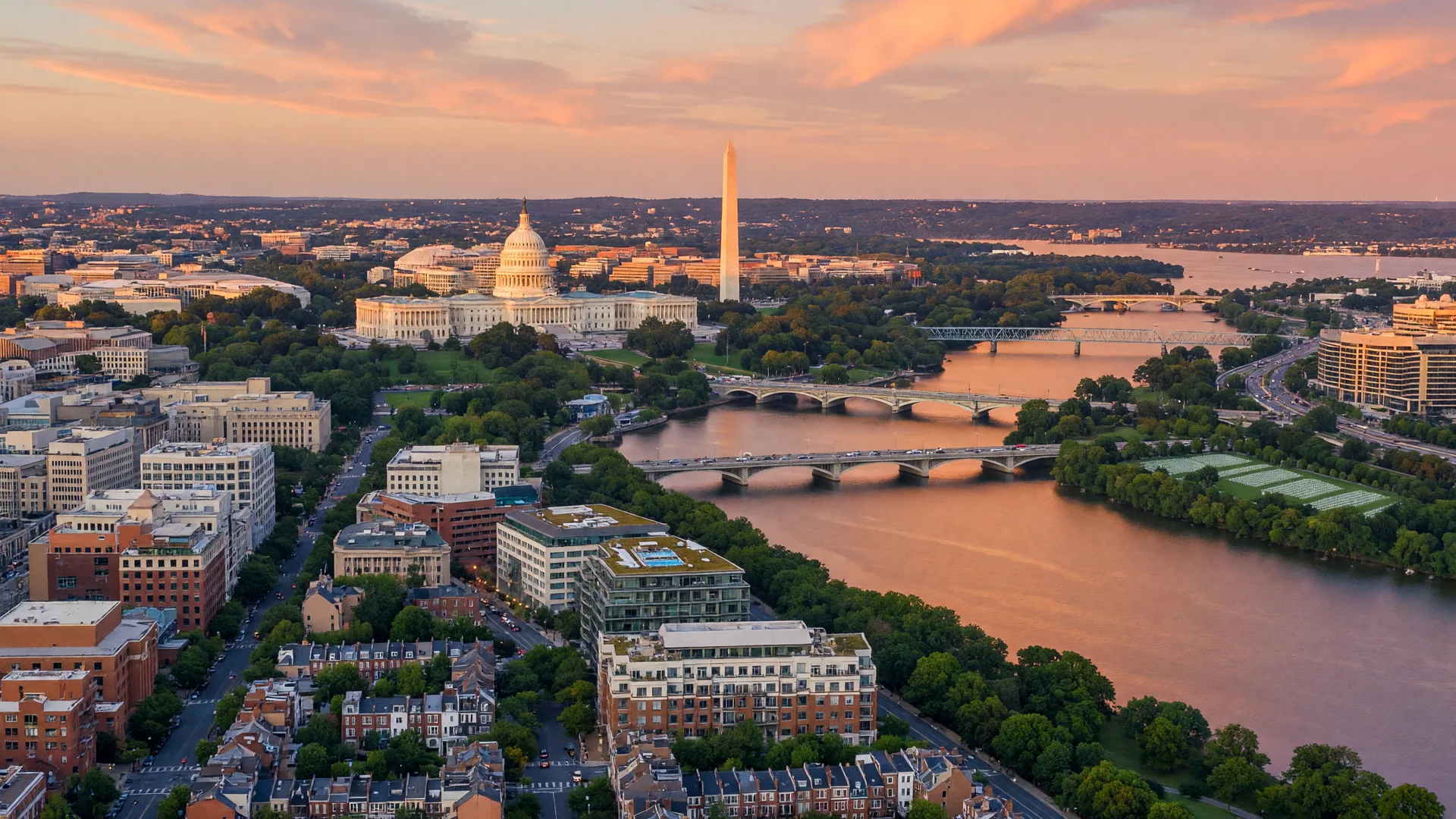 Washington, DC monument view from across the Potomac River at golden hour