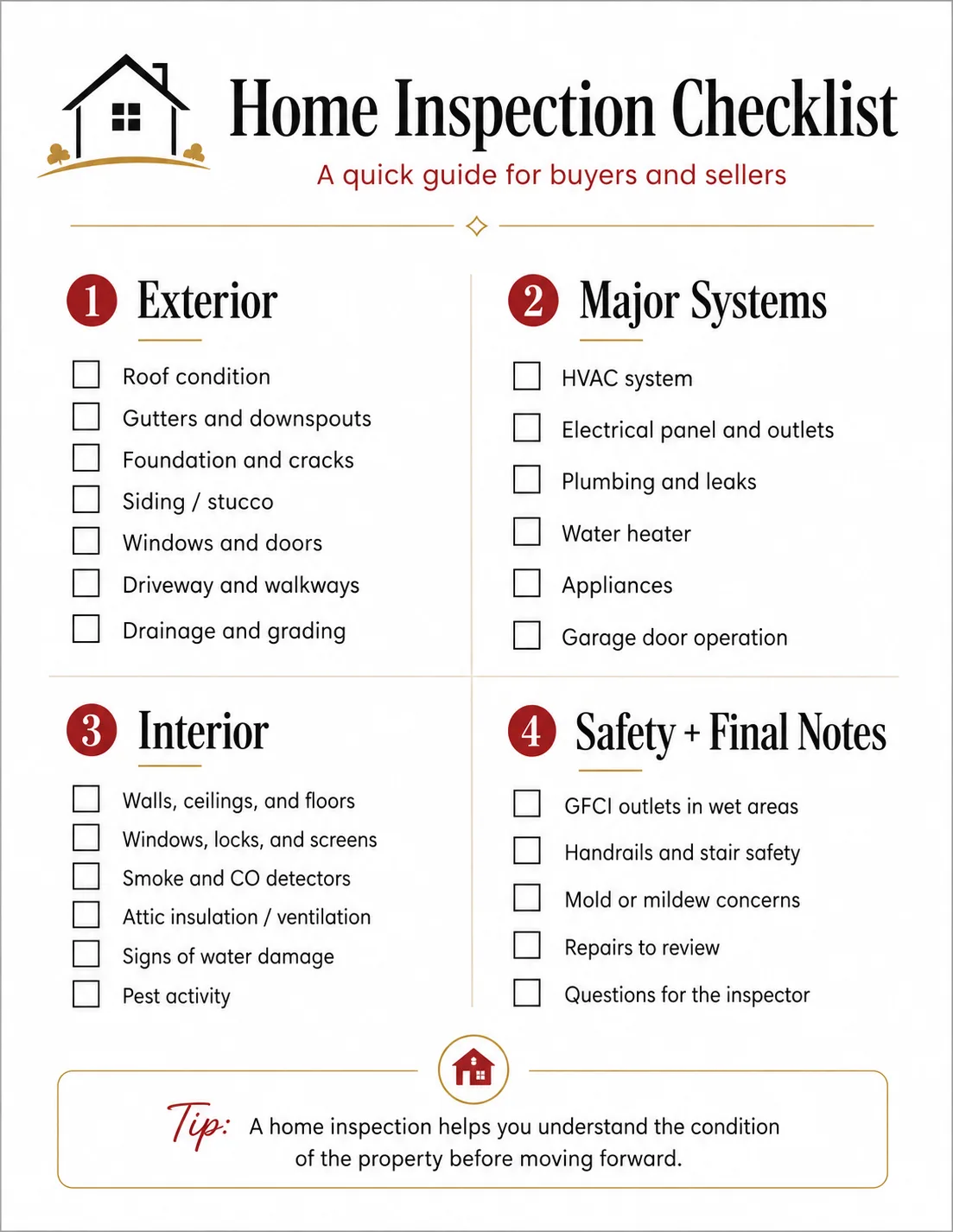 Home inspection checklist document listing parts of a house to evaluate