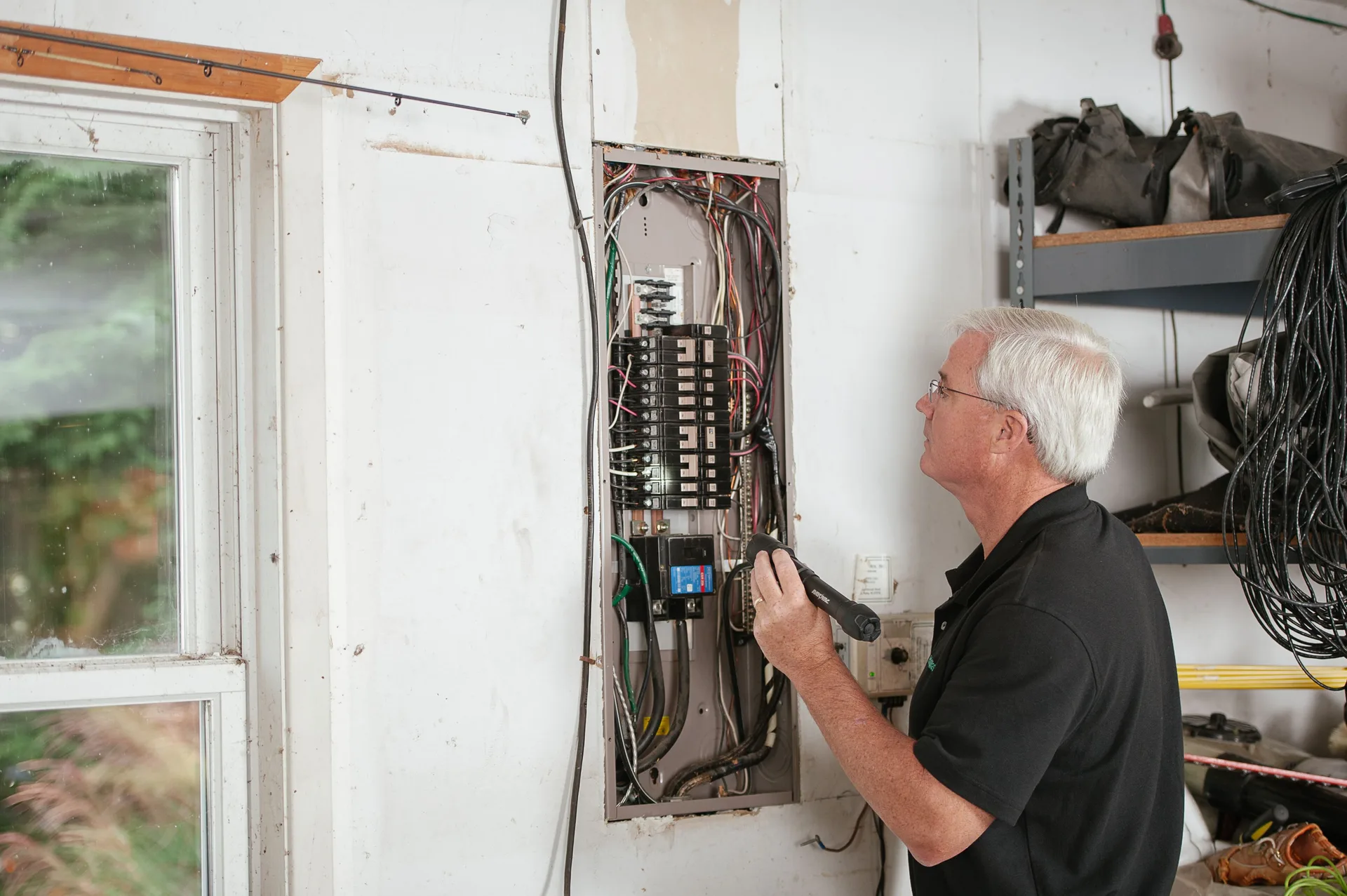 A professional inspector examining an open residential electrical panel with a flashlight