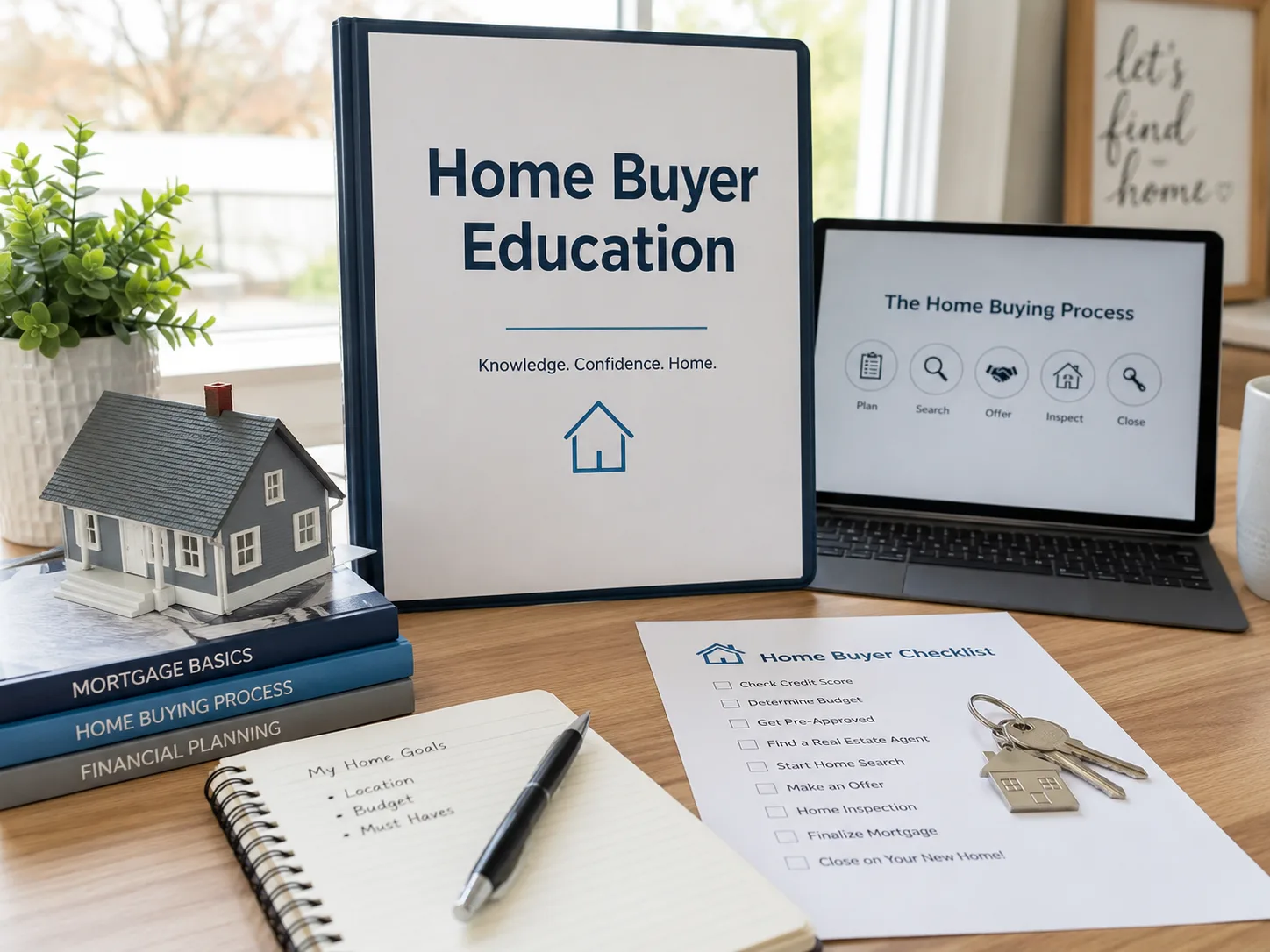 A desk with a Home Buyer Education binder, tablet, house model, and checklist