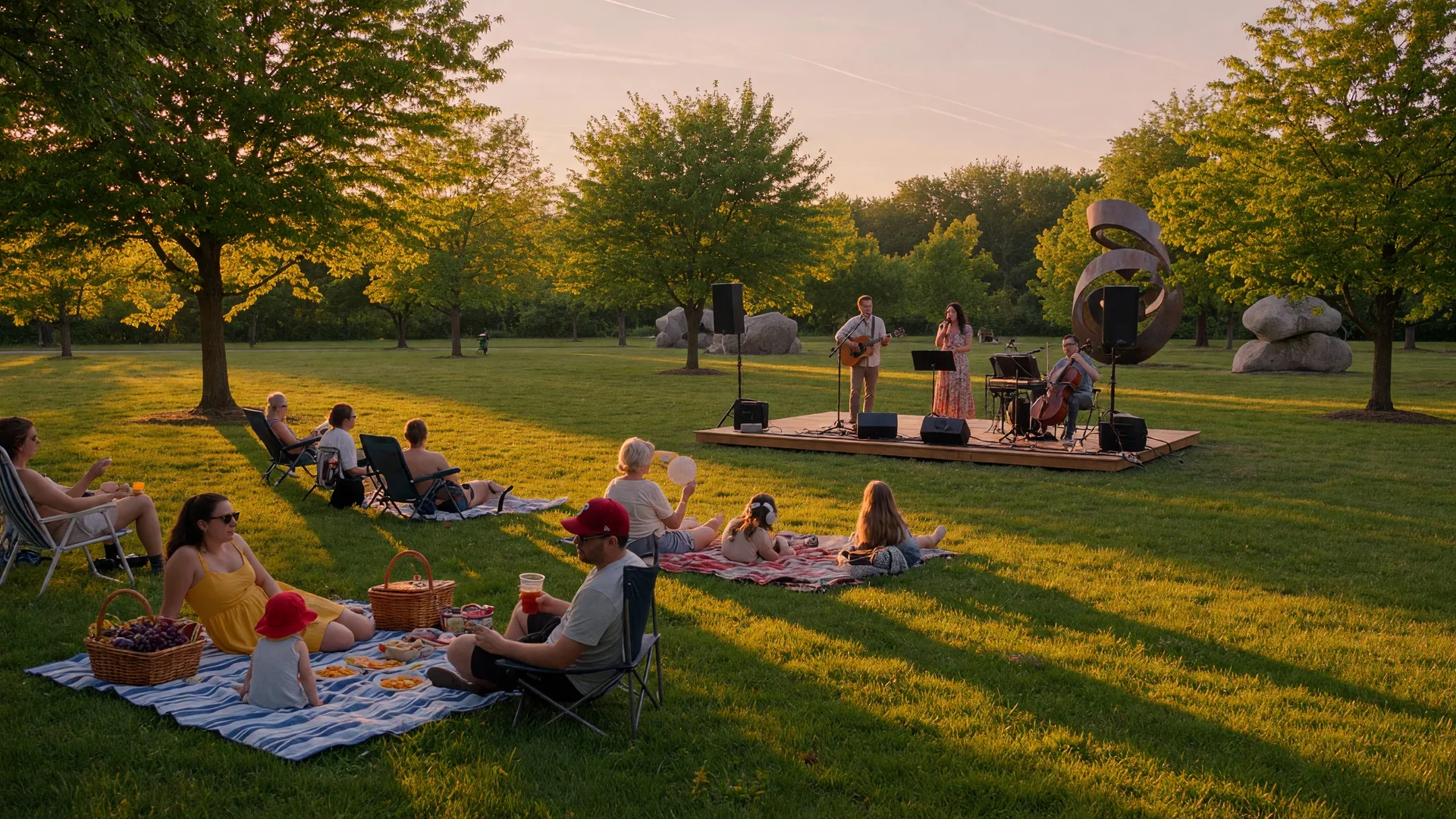 Families enjoying an outdoor summer concert on a lush green lawn at golden hour