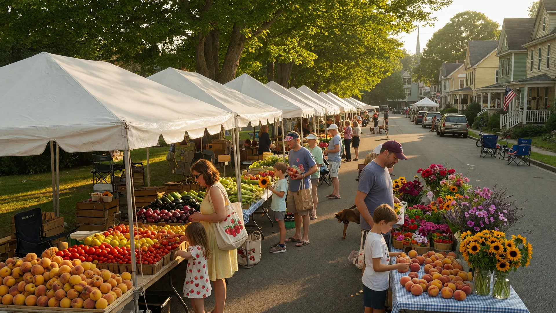 Colorful farmers market tents with fresh produce and families browsing on a sunny summer afternoon in a tree-lined neighborhood